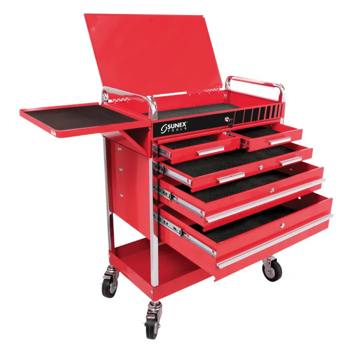 Sunex 8045 Professional 5-Drawer Service Cart in Red with Chrome Accents