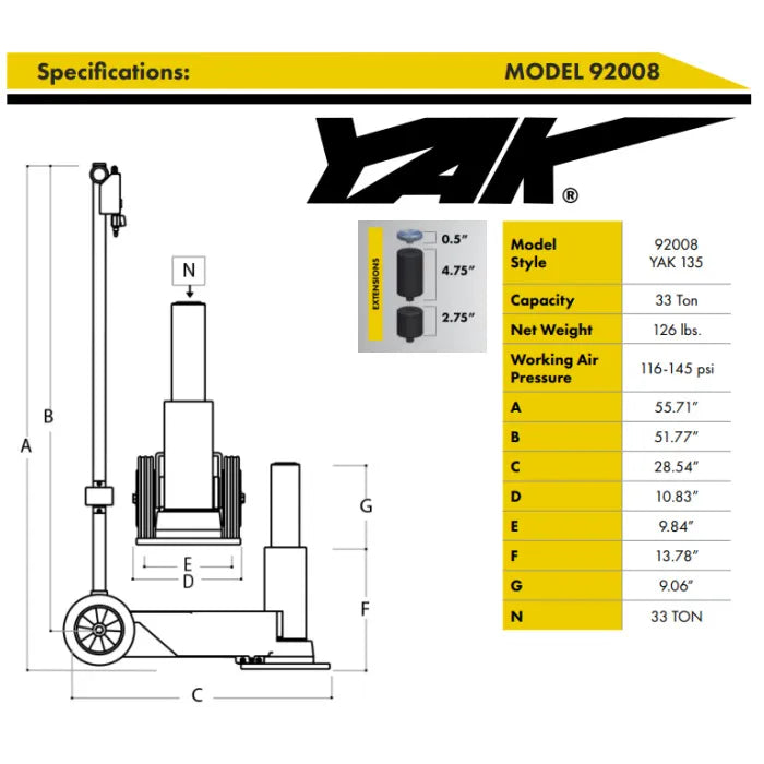 ESCO 92008 Yak 33 Ton Tall Air Hydraulic Jack Specifications