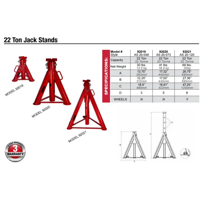 ESCO 92021 Yak 22-Ton Tall Jack Stand Specifications