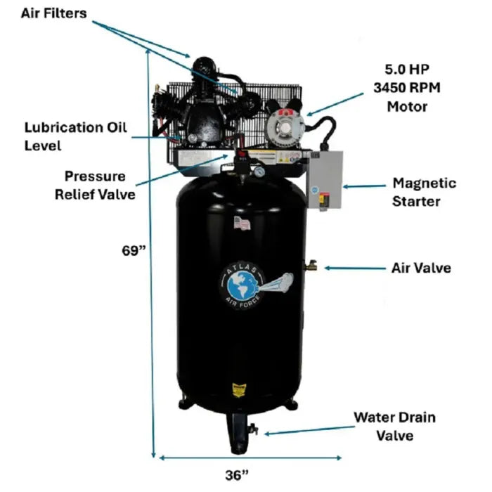 Atlas AF7 Two Stage 5HP 80 Gallon Air Compressor Specifications