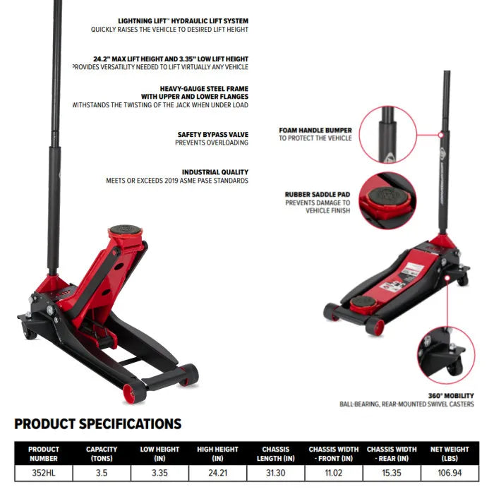AFF 352HL 3.5-Ton Lightning Lift High-Lift Floor Jack Features & Specifications