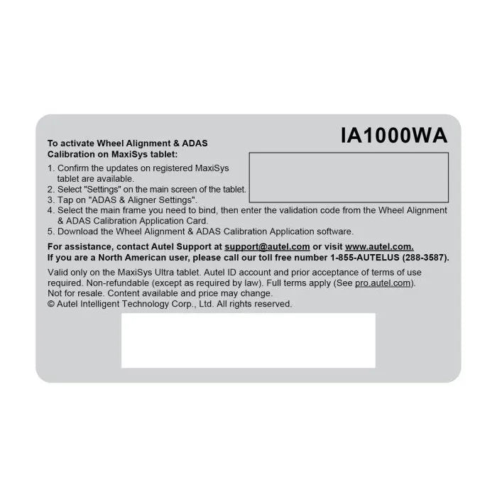 Autel IA1000 Wheel Alignment & ADAS Upgrade CardFor Use With IA1000 ADAS Calibration Systems