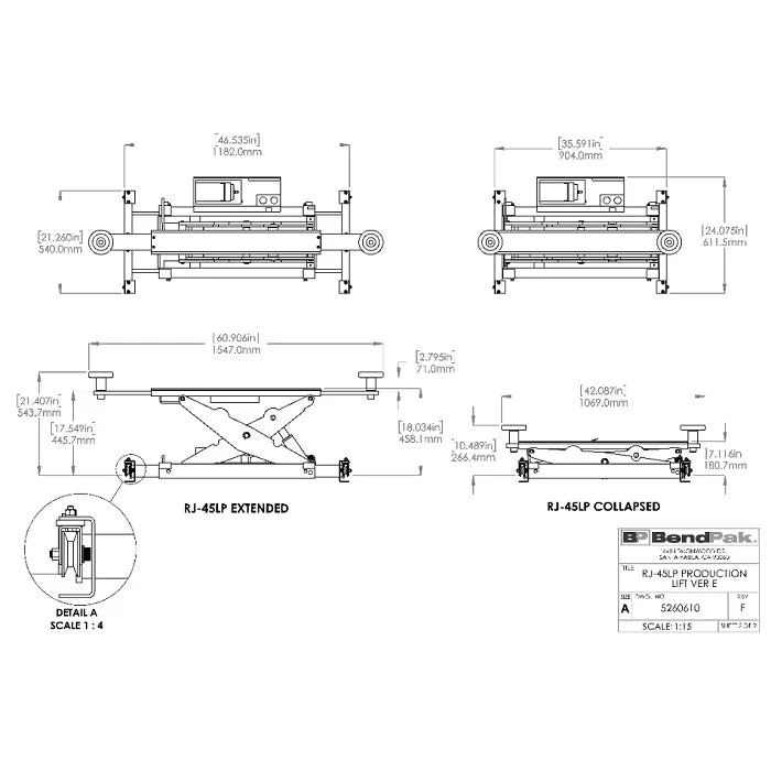 BendPak RJ45LP Low-Profile Rolling Bridge Jack Dimensions