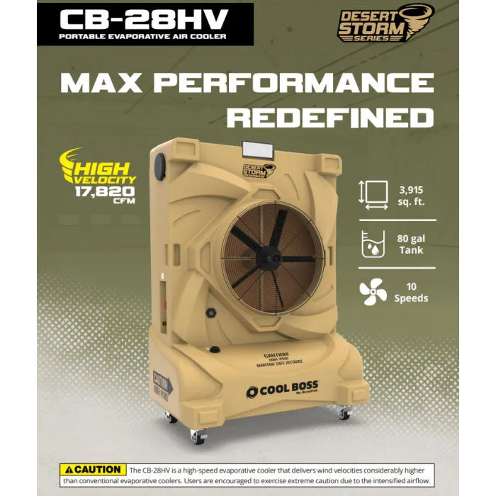 Cool Boss CB-28HV Desert Storm CoolBlast Evaporative Cooler 28" High Velocity Fan 12,180 CFM 80 Gallon Fixed-Louvers Portable