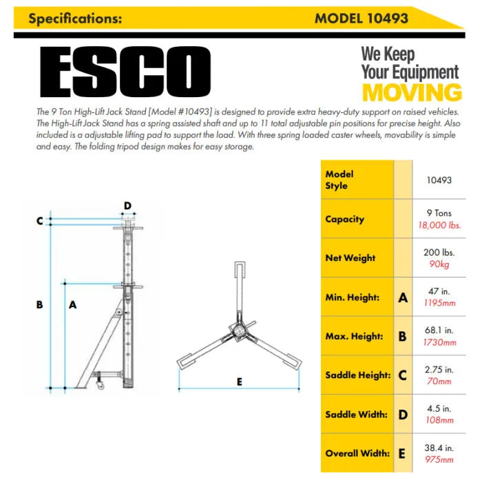 ESCO 10493 9-Ton High-Lift Jack Stand Specifications