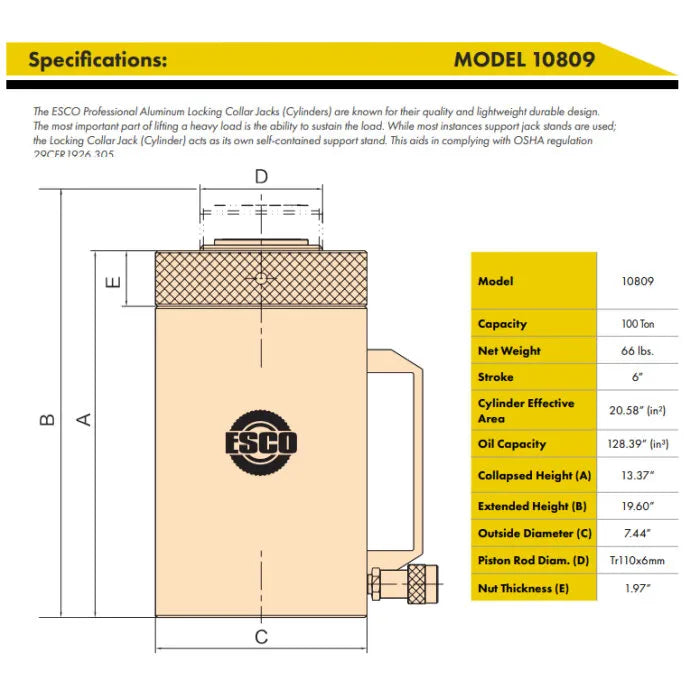 ESCO 10809 100-Ton Safety Locking Collar Jack Specifications