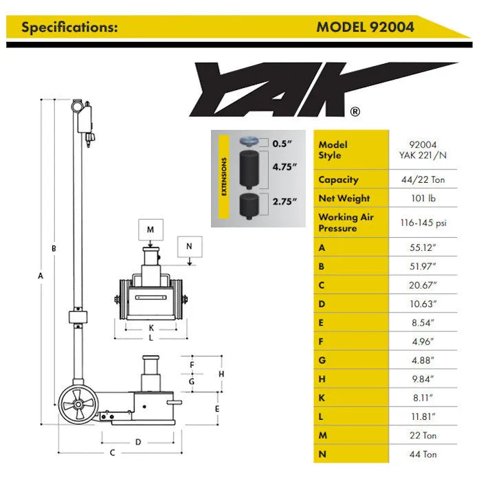 ESCO 92004 Yak 22-44 Ton Tall Air Hydraulic Jack Specifications