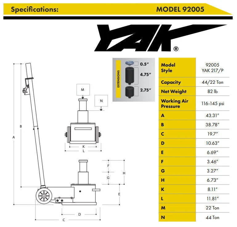 ESCO 92005 Yak 22-44 Ton Portable Air Hydraulic Jack Specifications