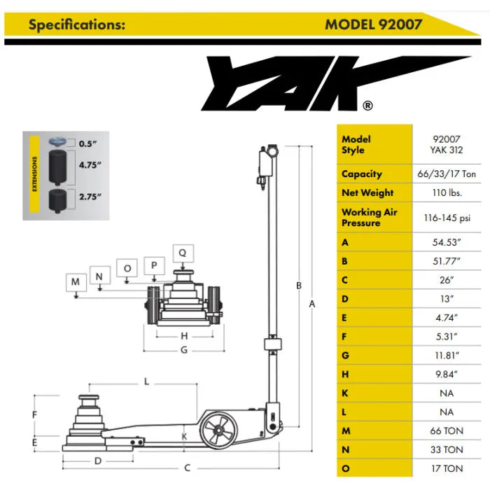 ESCO 92007 Yak 17-33-66 Ton Air Hydraulic Jack Specifications