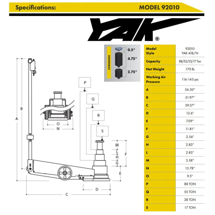 ESCO 92010 Yak 17-28-55-88 Ton Air Hydraulic Jack Specifications