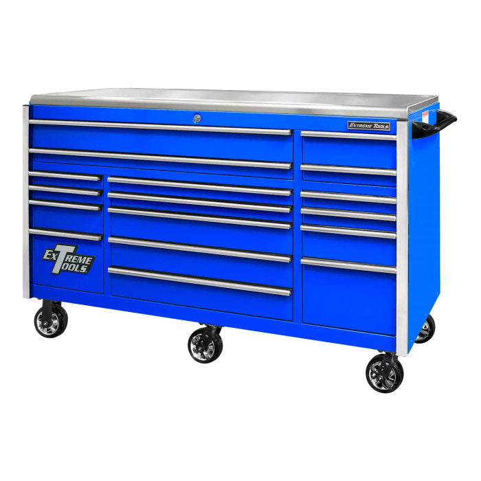 Extreme Tools EXQ Pro 72" Rolling Cabinet Blue with Chrome Drawer Pulls
