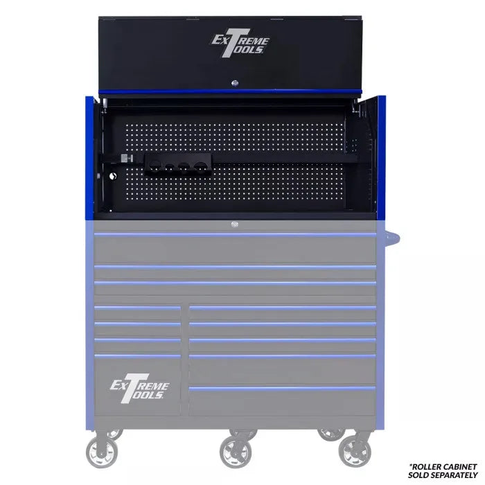 Extreme Tools RX Professional Series 55" Extreme Power Workstation Hutch Black with Blue Accents Shown with Rolling Cabinet