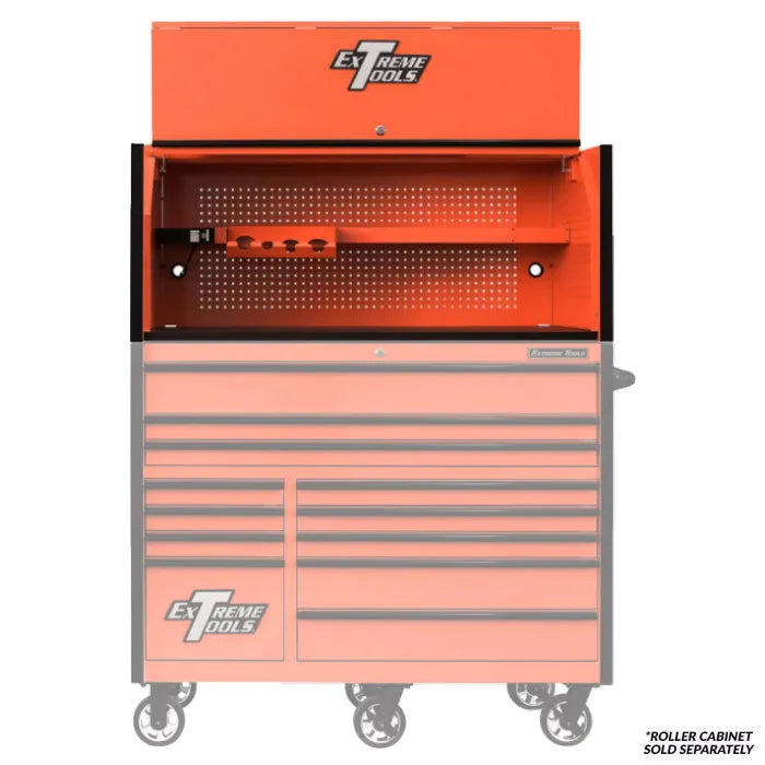 Extreme Tools RX Professional Series 55" Extreme Power Workstation Hutch Black with Red Accents Shown with Rolling Cabinet