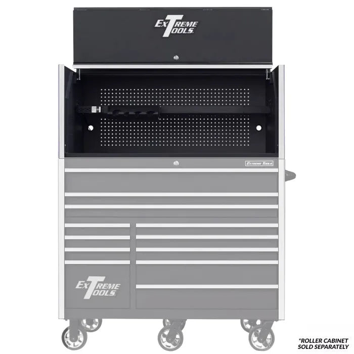 Extreme Tools RX Professional Series 55" Extreme Power Workstation Hutch Black with Chrome Accents Shown with Rolling Cabinet