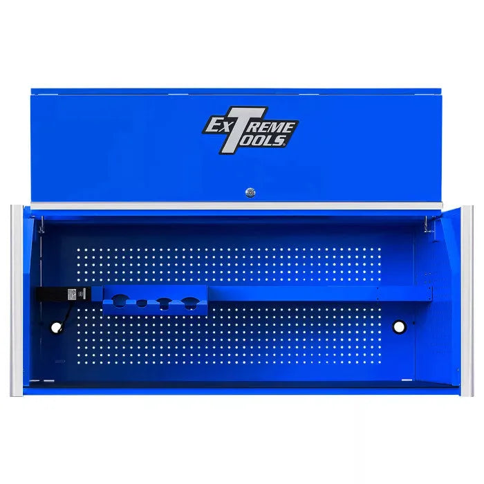 Extreme Tools RX Professional Series 55" Extreme Power Workstation Hutch Blue with Chrome Accents Shown with Rolling Cabinet