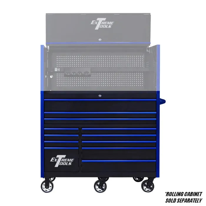 Extreme Tools RX Professional Series 55" Rolling Cabinet Black with Blue Drawer Pulls Shown with Rolling Cabinet