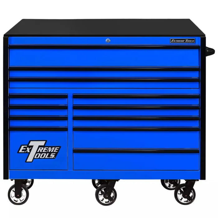 Extreme Tools RX Professional Series 55" Rolling Cabinet Blue with Black Drawer Pulls Shown with Rolling Cabinet