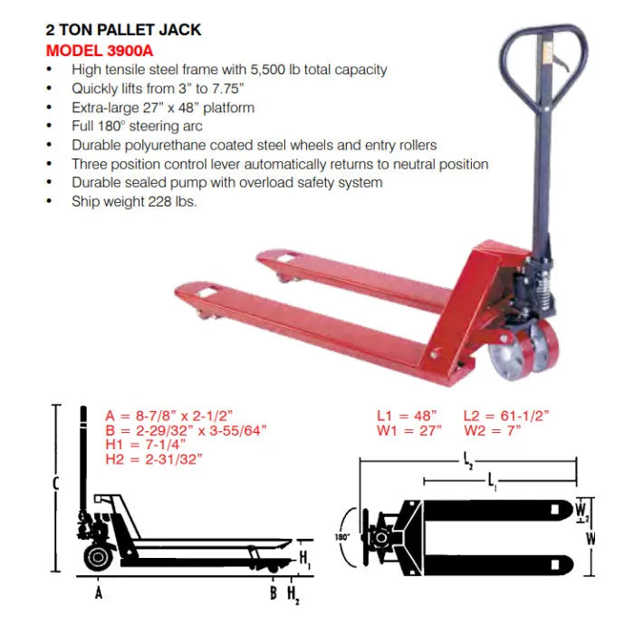 AFF 3900A Heavy-Duty Pallet Jack 5,500 lbs. Capacity Features