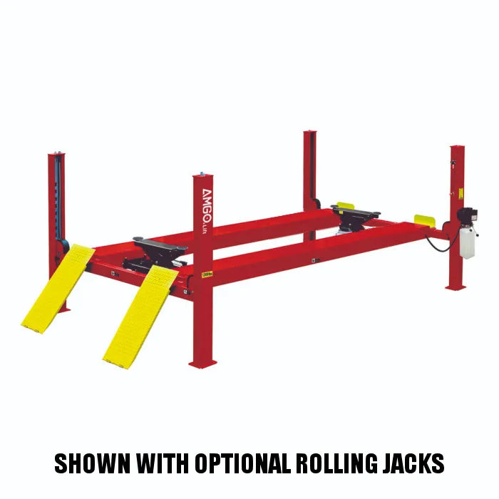 AMGO PRO-12 Commercial Grade Four Post Lift Shown with Optional Rolling Jacks