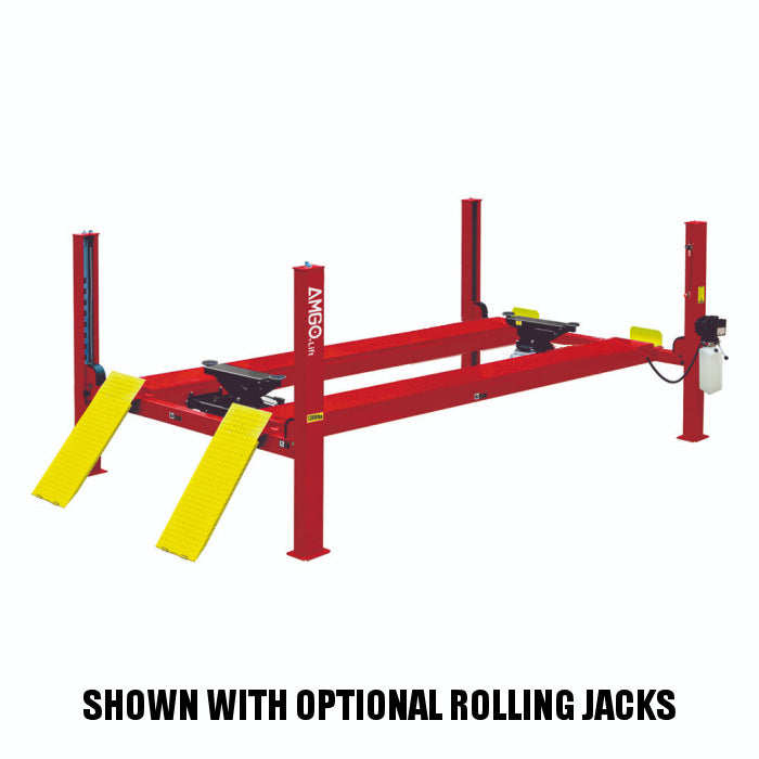 AMGO PRO-18 Commercial Grade Four Post Lift Shown with Optional Rolling Jacks