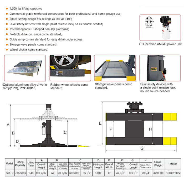 AMGO SPL-7 Single Post Parking Lift Features & Specifications