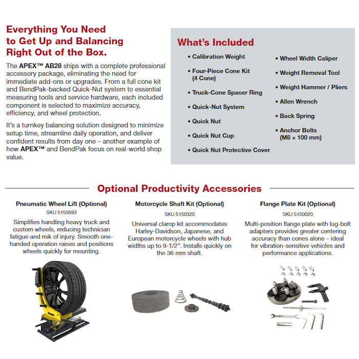 APEX AB28 Digital Wheel Balancer What's Included & Optional Accessories 