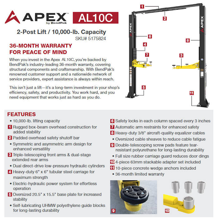 APEX AL10C Clearfloor Two Post Car Lift Features 