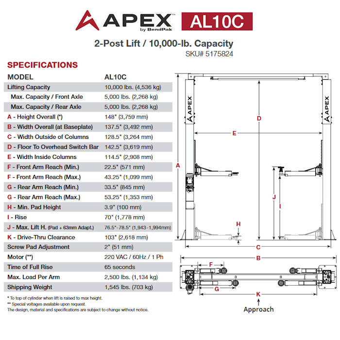 APEX AL10C Clearfloor Two Post Car Lift Specifications 