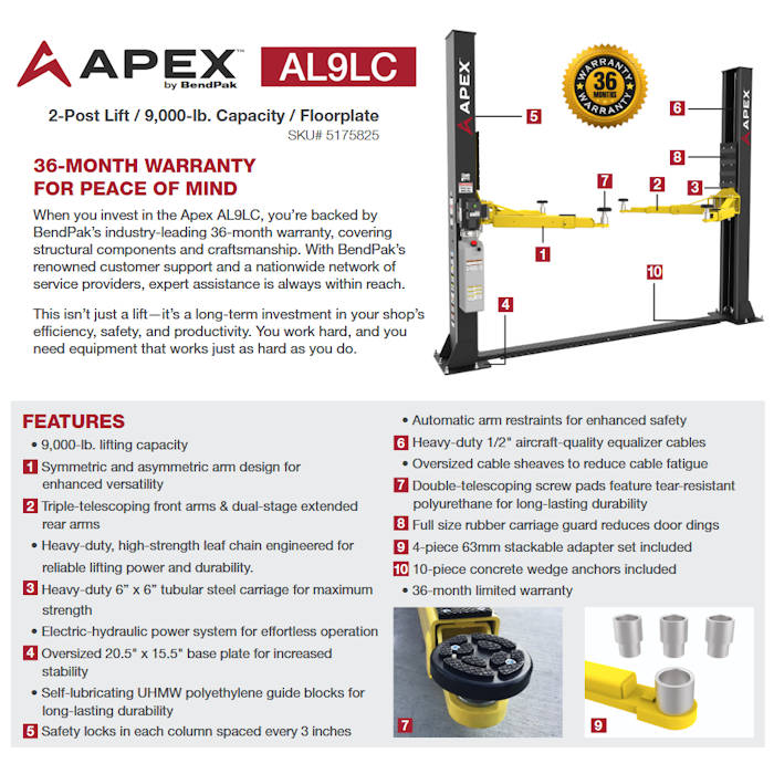 APEX AL9LC Floorplate Two Post Car Lift  Features 