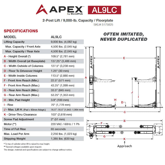 APEX AL9LC Floorplate Two Post Car Lift  Specifications 