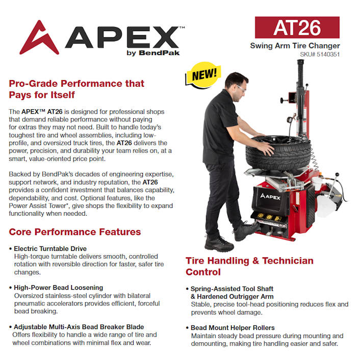APEX AT26 Swing-Arm Tire Changer Features 