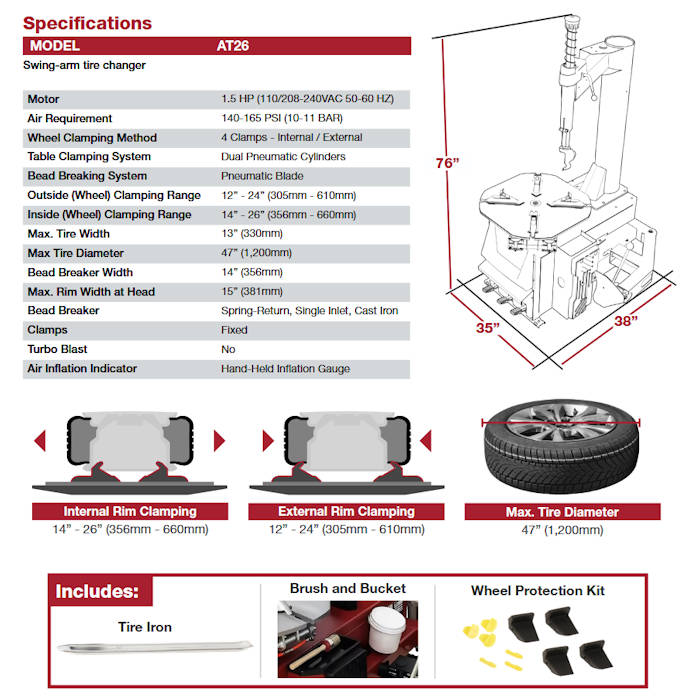 APEX AT26 Swing-Arm Tire Changer Specifications 
