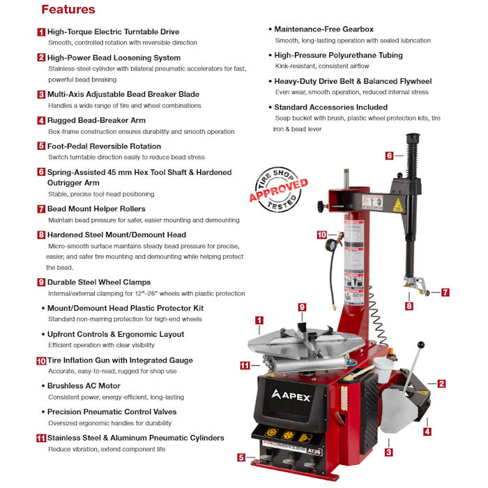 APEX AT26 Swing-Arm Tire Changer Features 