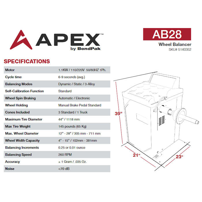 APEX AB28 Digital Wheel Balancer Specifications 