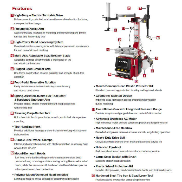 APEX AT26A Swing-Arm Tire Changer with Assist Tower Features 