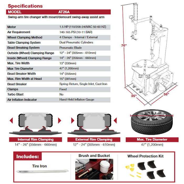 APEX AT26A Swing-Arm Tire Changer with Assist Tower Specifications 
