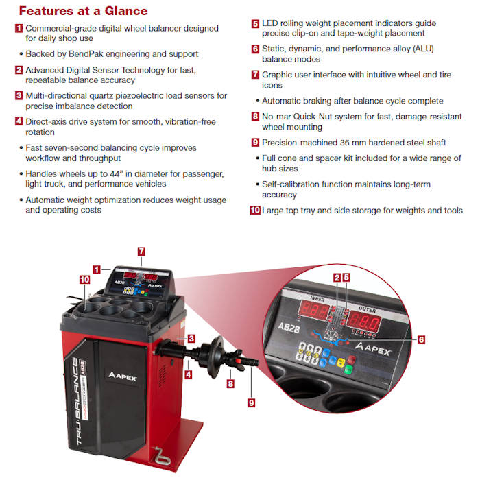 APEX AB28 Digital Wheel Balancer Features 
