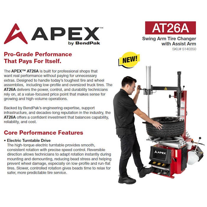 APEX AT26A Swing-Arm Tire Changer with Assist Tower Features 