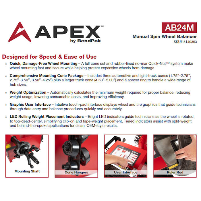 APEX AB24M Post-Mount Wheel Balancer Features 