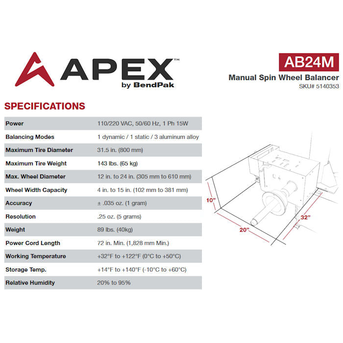 APEX AB24M Post-Mount Wheel Balancer Spcifications 