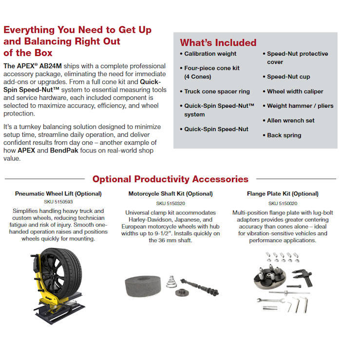 APEX AB24M Post-Mount Wheel Balancer What's Included & Optional Accessories 