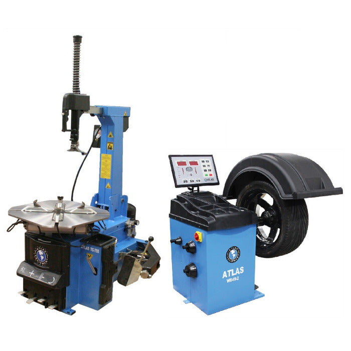 Atlas TC755 Tilt-Back Wheel Clamp Tire Changer + Atlas WB49-2 2D Computer Wheel Balancer Combo