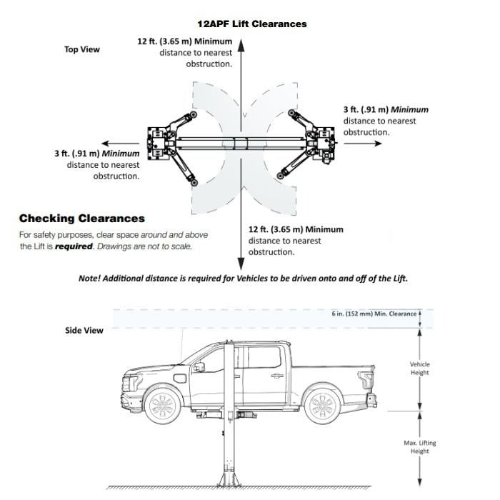 BendPak 12APF Floorplate Direct-Drive Two Post Lift Clearances