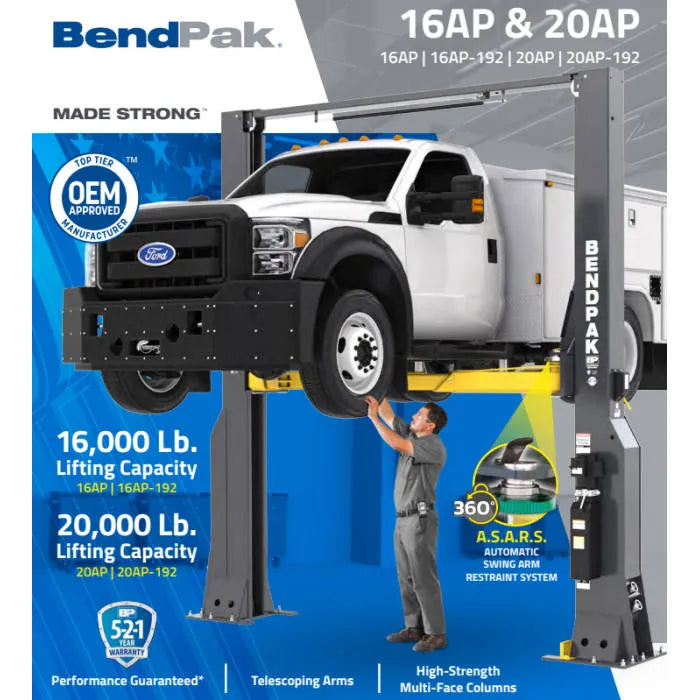 BendPak 16AP Clearfloor High-Rise Two Post Lift ALI Certified