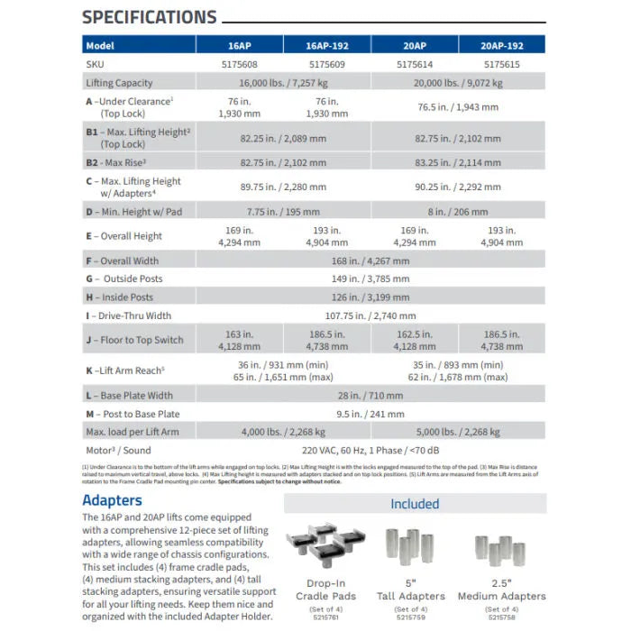 BendPak 20AP-192 Heavy-Duty Clearfloor Extra Tall Two Post Lift Specifications