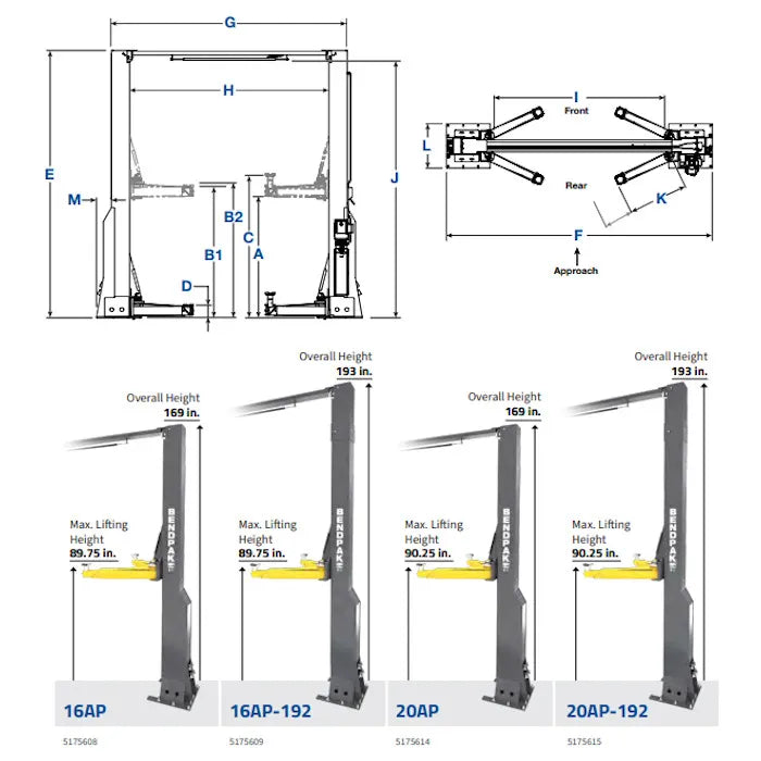 BendPak 20AP-192 Heavy-Duty Clearfloor Extra Tall Two Post Lift Drawing & Overall Heights