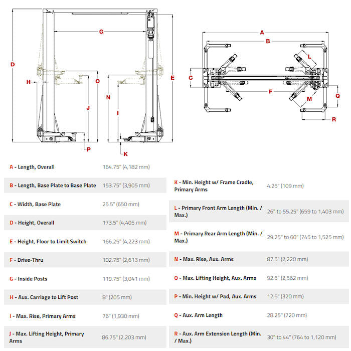 BendPak OctaFlex 12DPS Two Post Service Lift Dimensions
