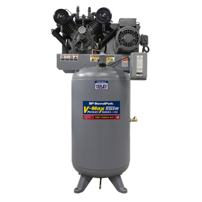 BendPak VMP-7580V-601 V-Max Patriot Series Air Compressor
7.5 HP 1Ph | 80-Gallon Vertical Tank | Made in USA