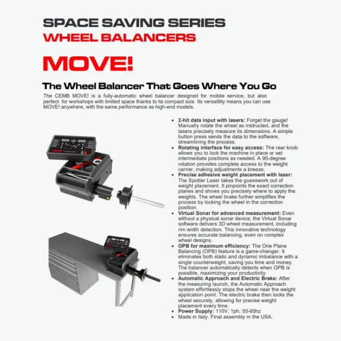 CEMB MOVE Compact Wheel Balancer Features