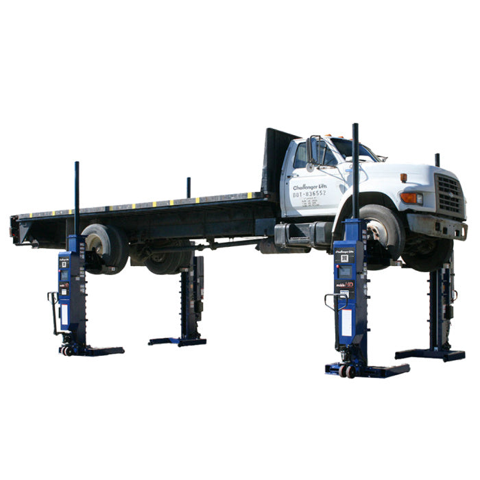 Challenger Lifts CLHM-190 Heavy-Duty Mobile Column Lifts Flatbed Under Hoist